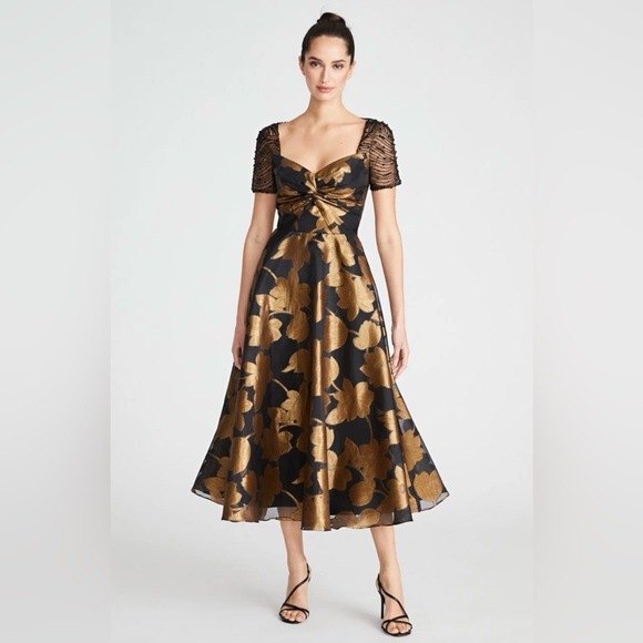 Theia Dresses & Skirts - Theia Beaded Gold Black Midi Dress
